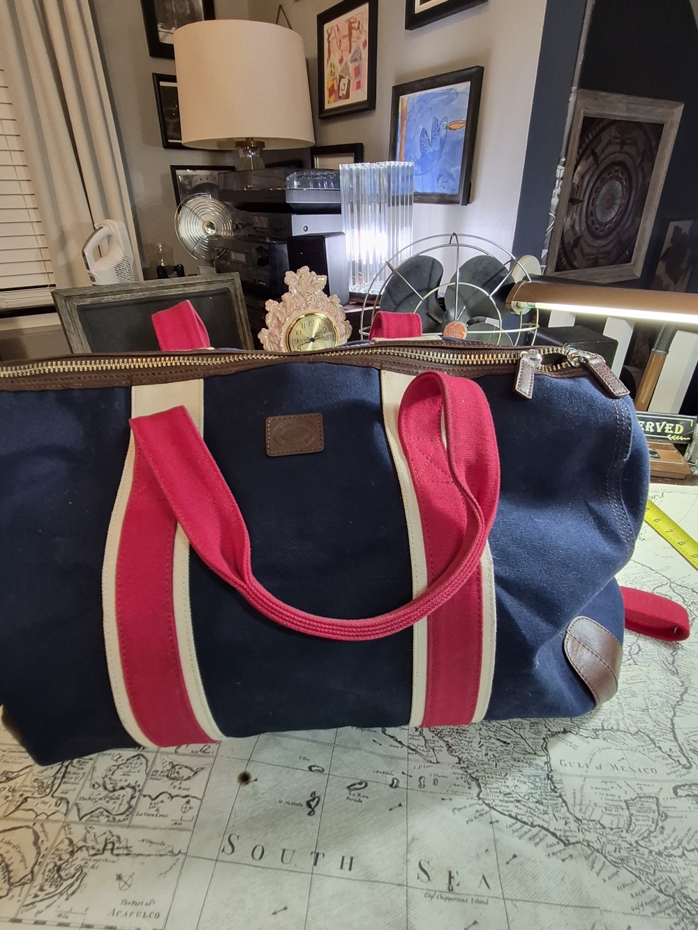 Brooks Brothers 1818 Large Navy Red Canvas Weekender Duffel Bag Leather Trim